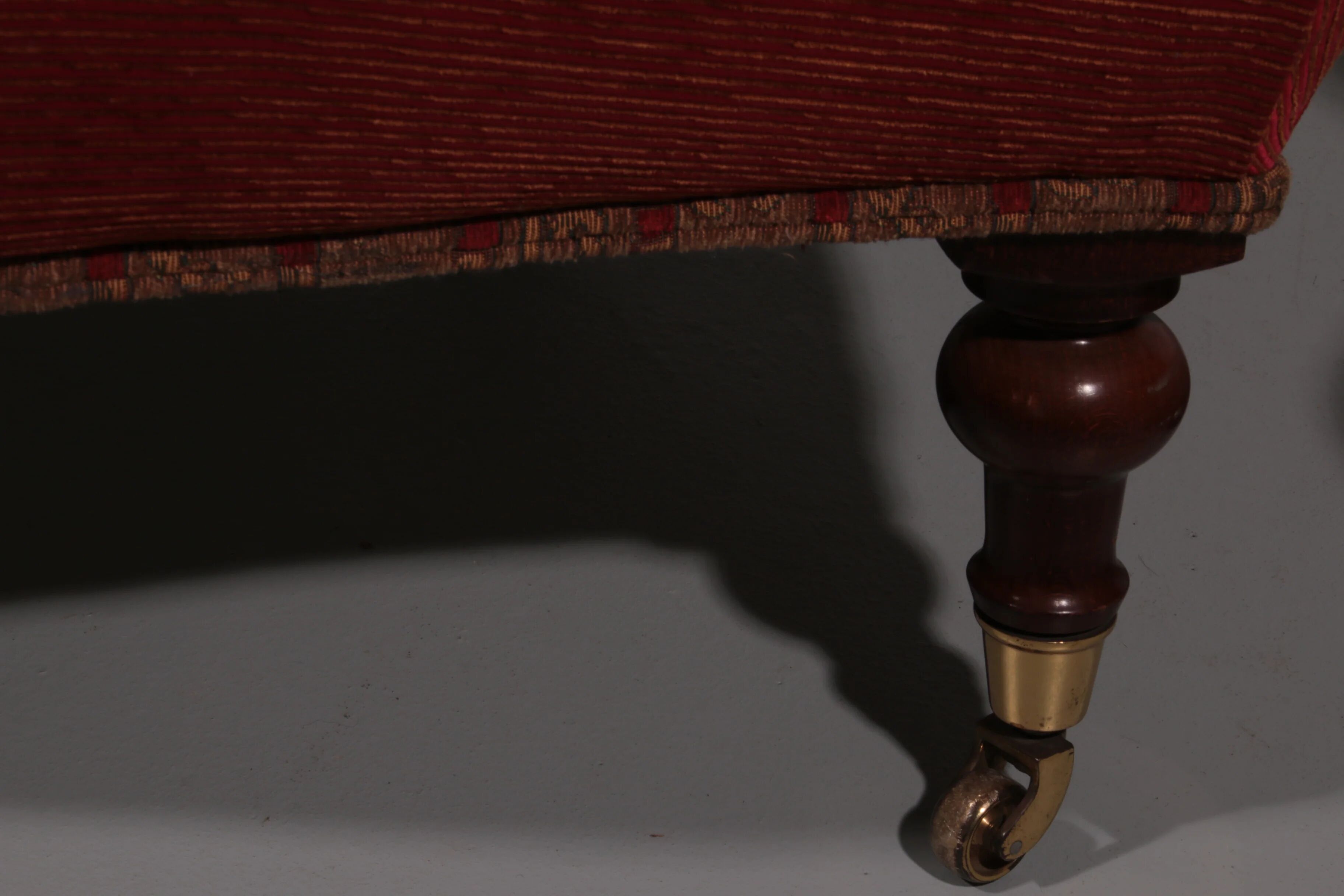 Pair of French red fabric button back armchairs