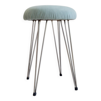 Tabouret ancien en métal et velours bleu, années 60