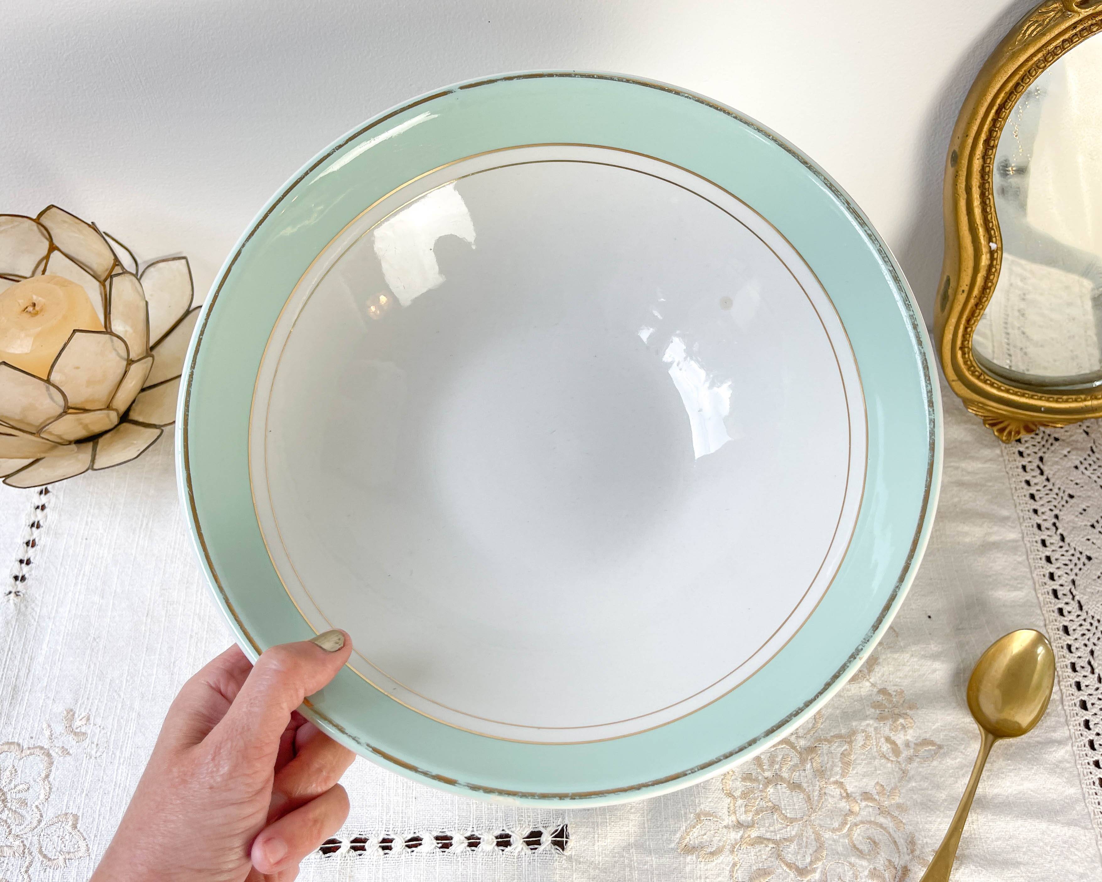 Vintage white and green porcelain salad bowl, Luneville, Epinay, France, 1950s