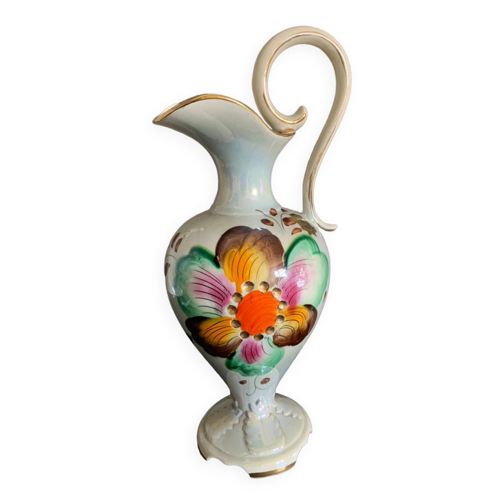 Ancien Pichet Aiguière Céramique Craquelée Forme Oie (vintage, Fleurs, Blanc)