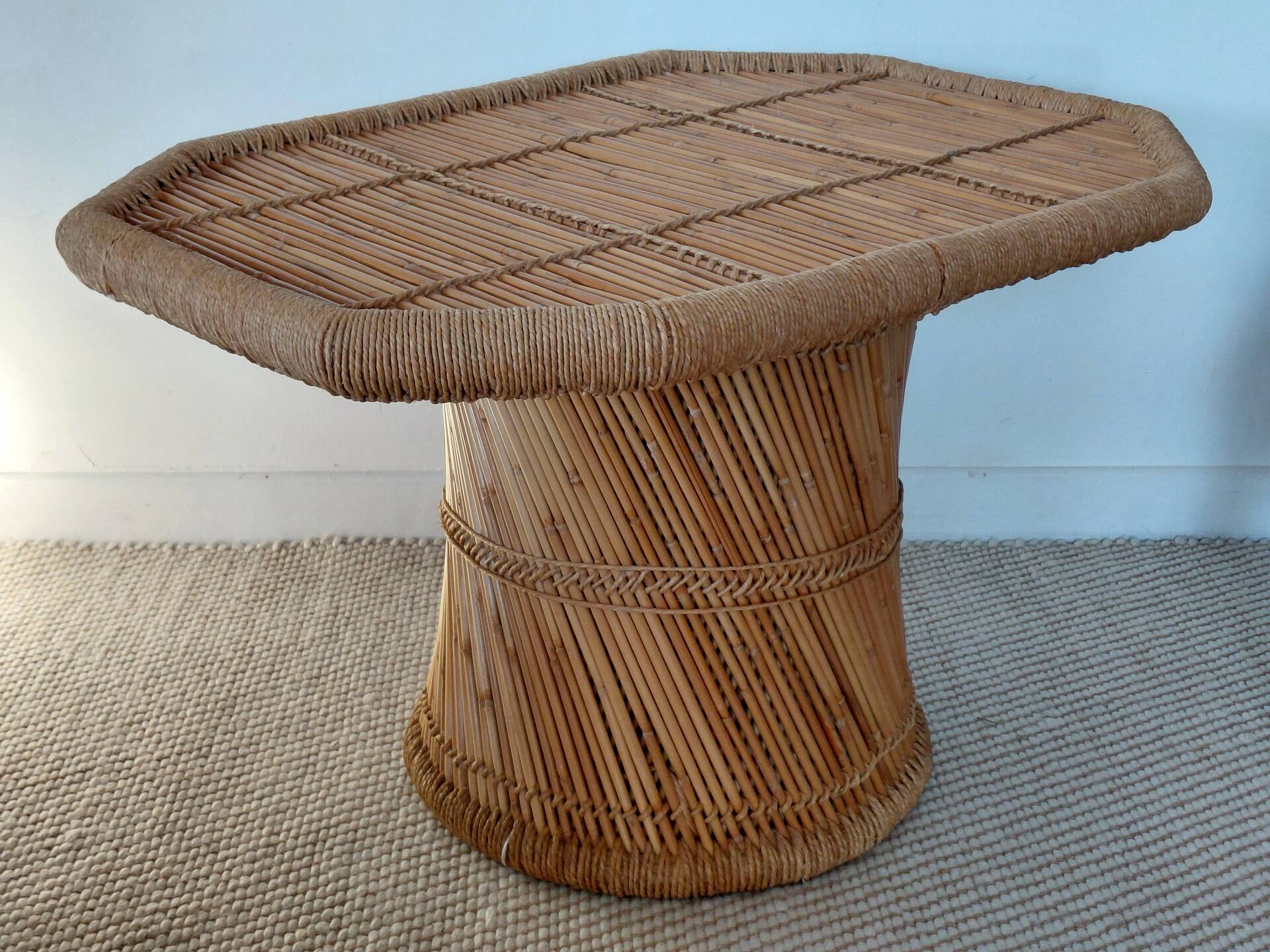 Vintage coffee table with braided cord in Audoux Minet bamboo style/1970s
