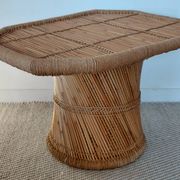 Vintage coffee table with woven rope in bamboo style Audoux Minet/1970s