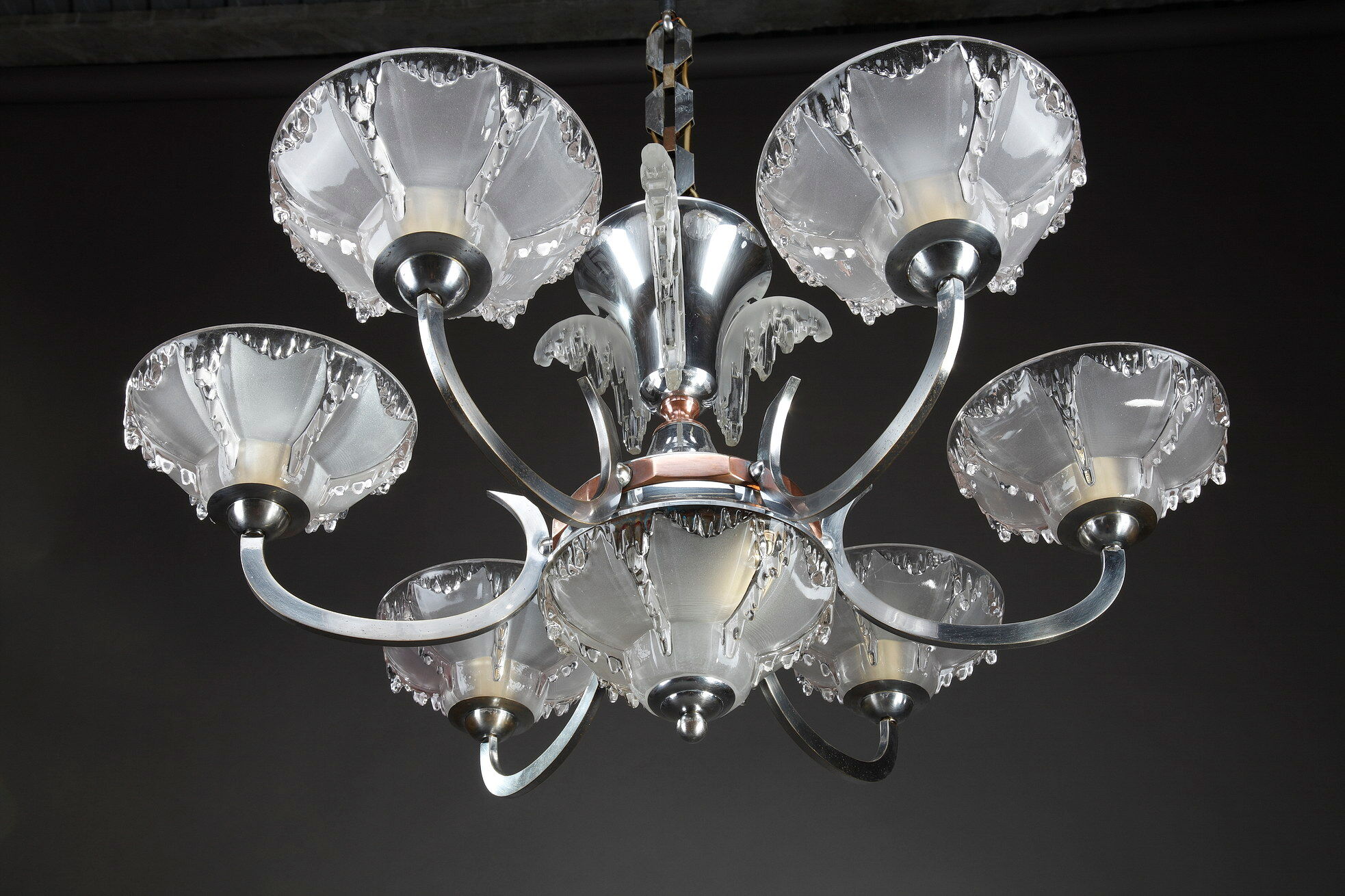 Art Deco chandelier in nickel-plated metal and copper
