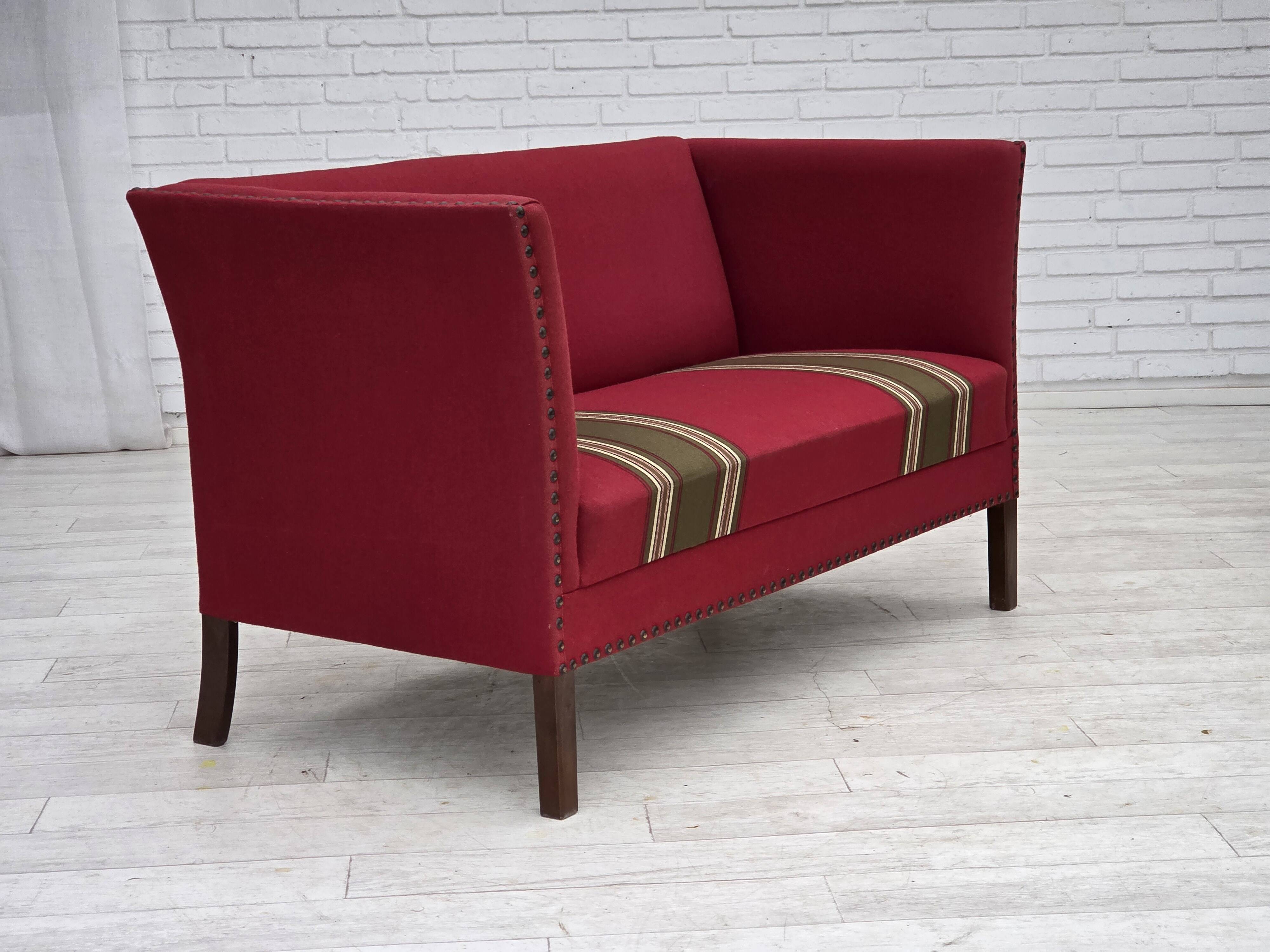 1970s, Danish 2-seater sofa, original red furniture wool, ash wood.
