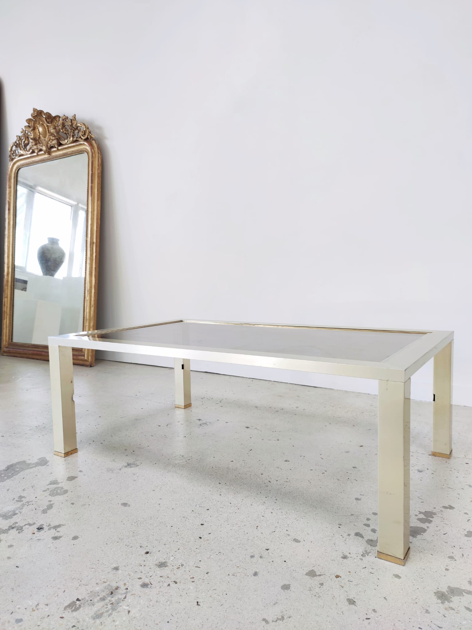 Vintage coffee table 1970s brushed metal smoked glass
