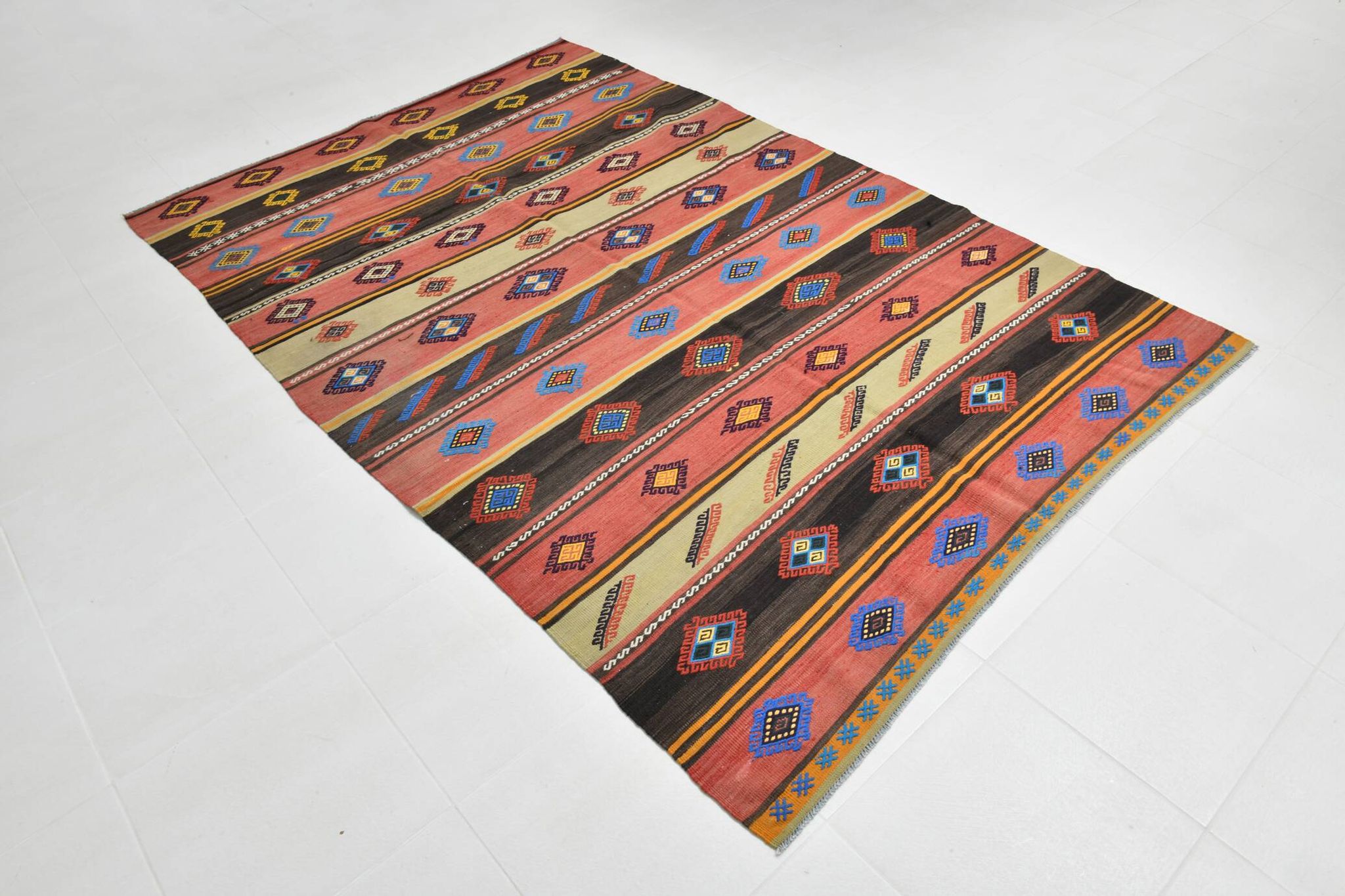 6x9 Blue & Red Details Kilim Rug,Modern Mid Century,Wool Area Rug,175x261Cm