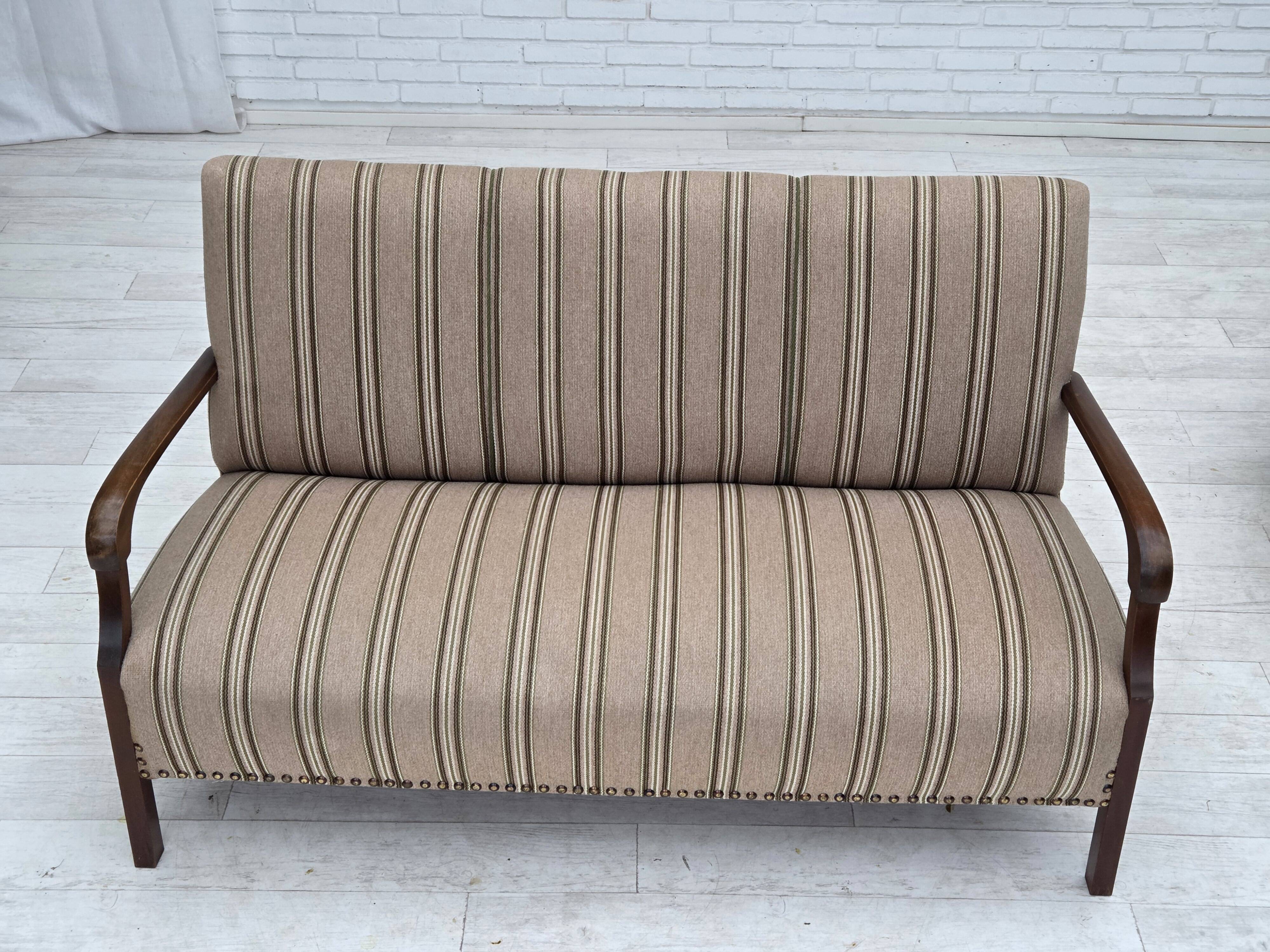 1950s, Danish 2-seater sofa, beige furniture wool fabric, beech wood legs.