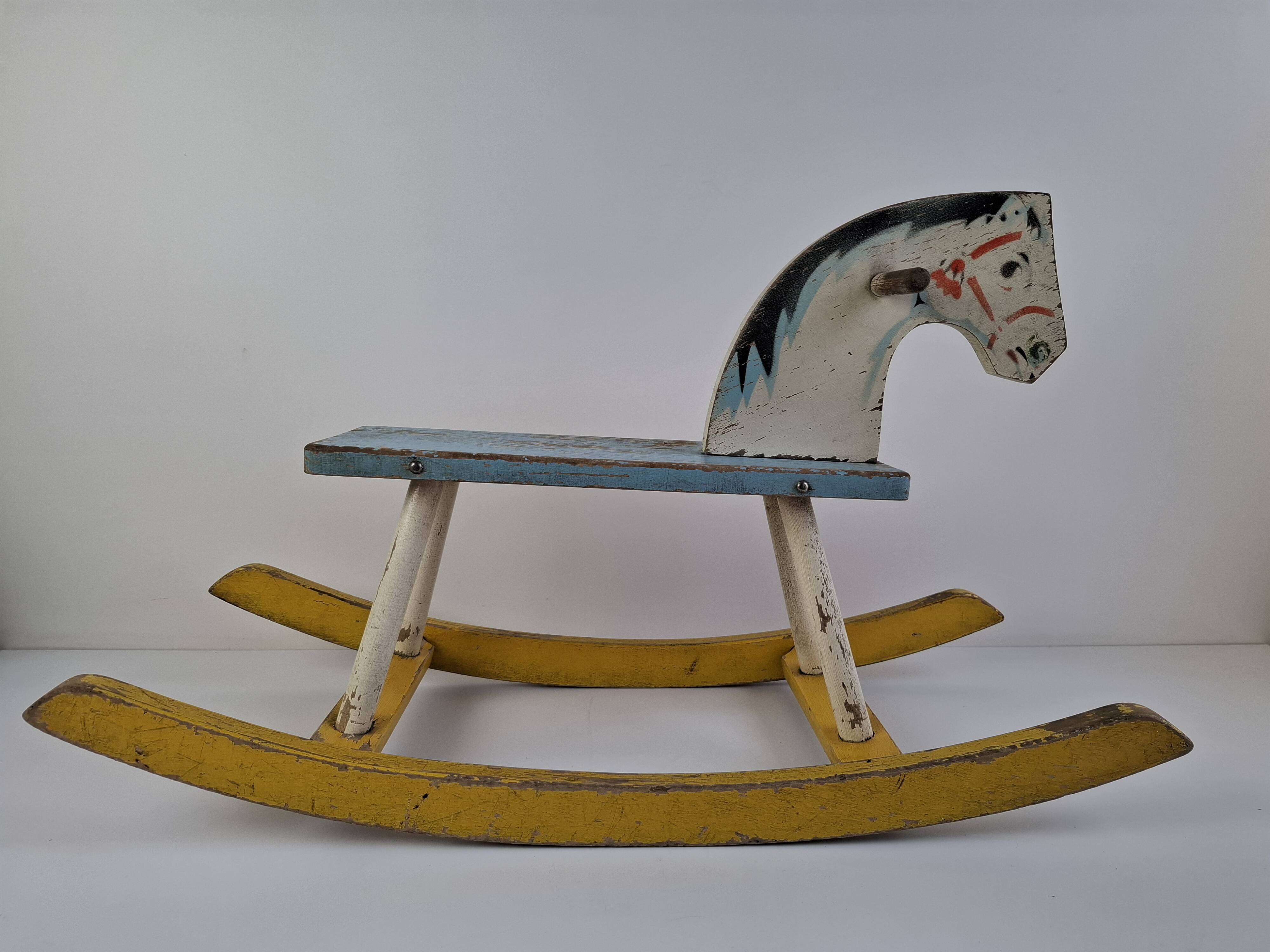 Mid-Century Czechoslovak Wooden Rocking Horse, Hand-Painted, 1960s