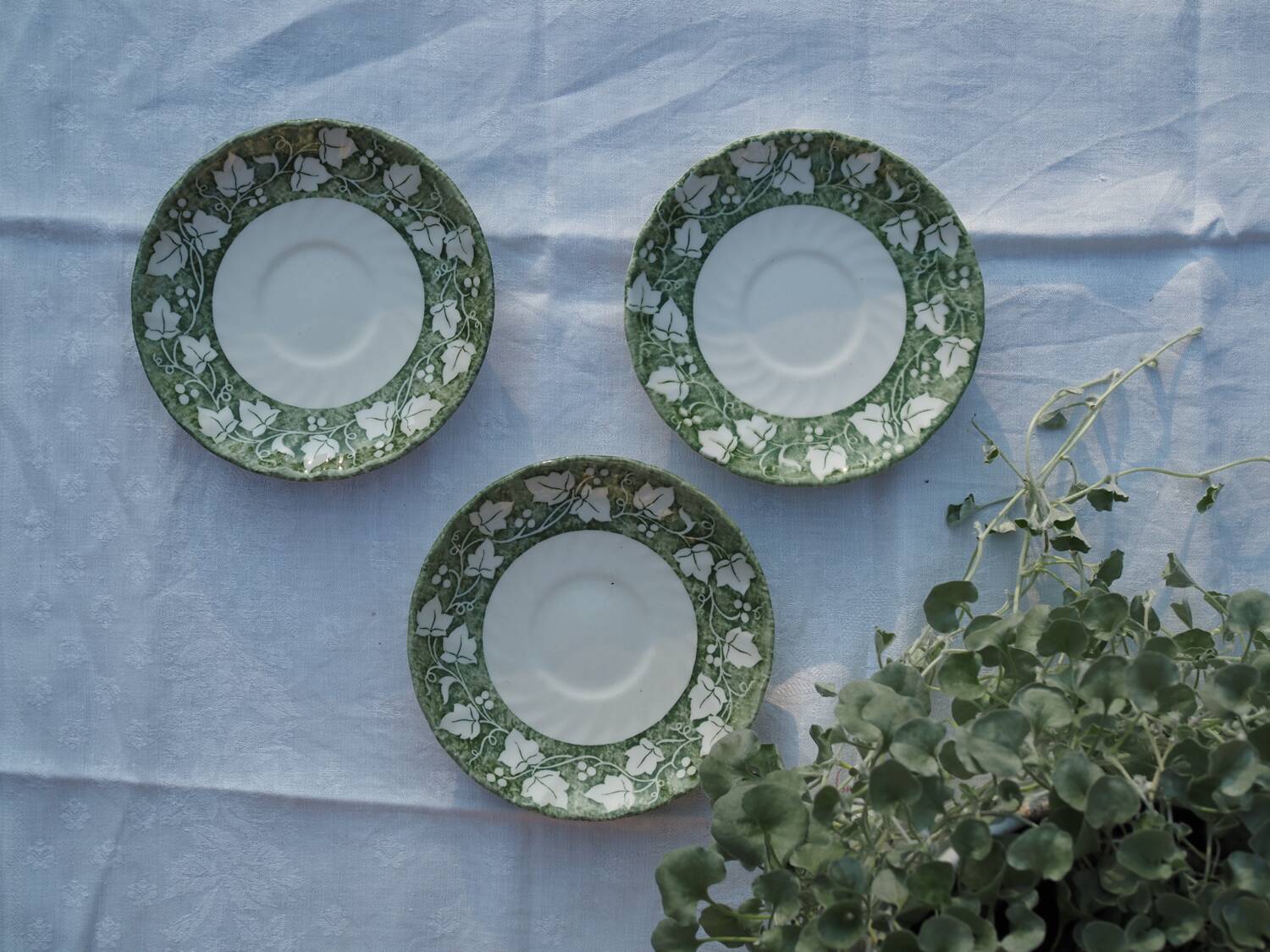 3 Churchill Staffordshire "Verdigris" saucers