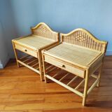 Pair of vintage 80s bedside tables in light rattan.