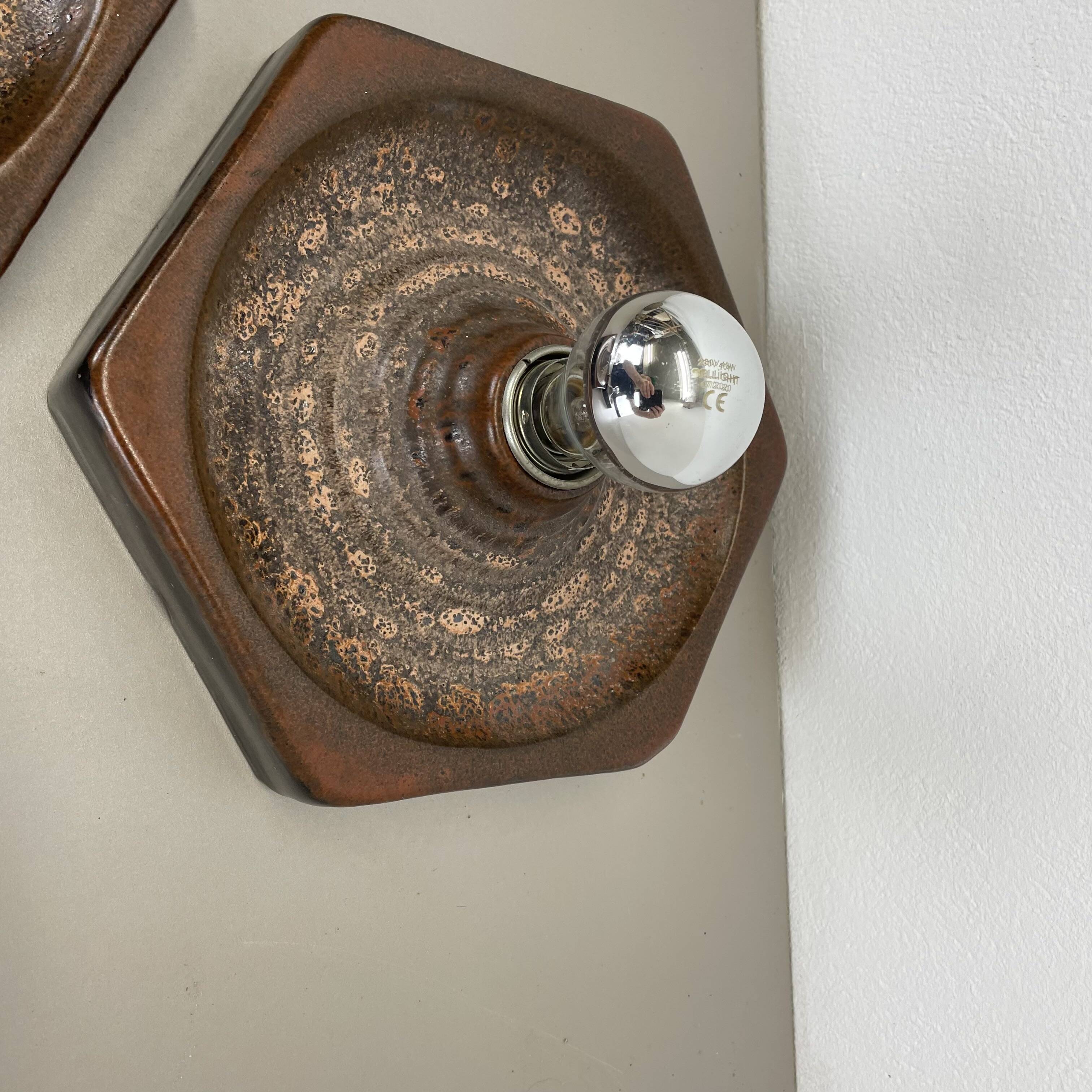 Set of Three brown Ceramic SPUTNIK Wall Lights by Pan Ceramics Germany 197