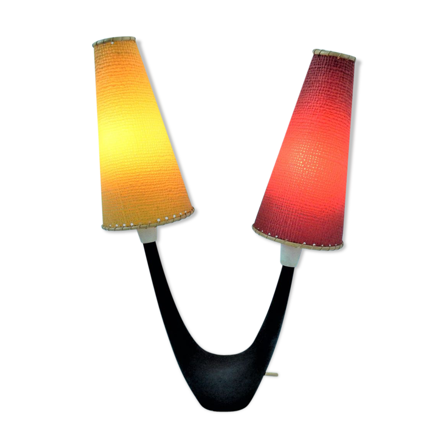 Vintage desk lamp with red and yellow 1950s lampshades