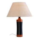Solid teak table lamp wrapped in black leather