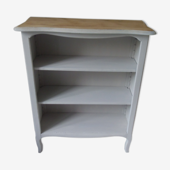 Bibliothèque vintage patinée gris perle, plateau bois.