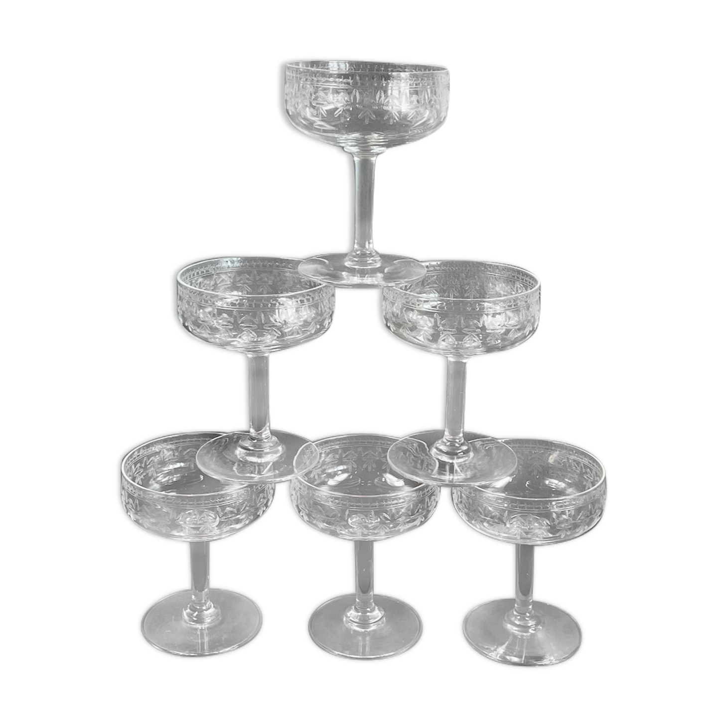 Vintage 6 old champagne glasses in engraved crystal