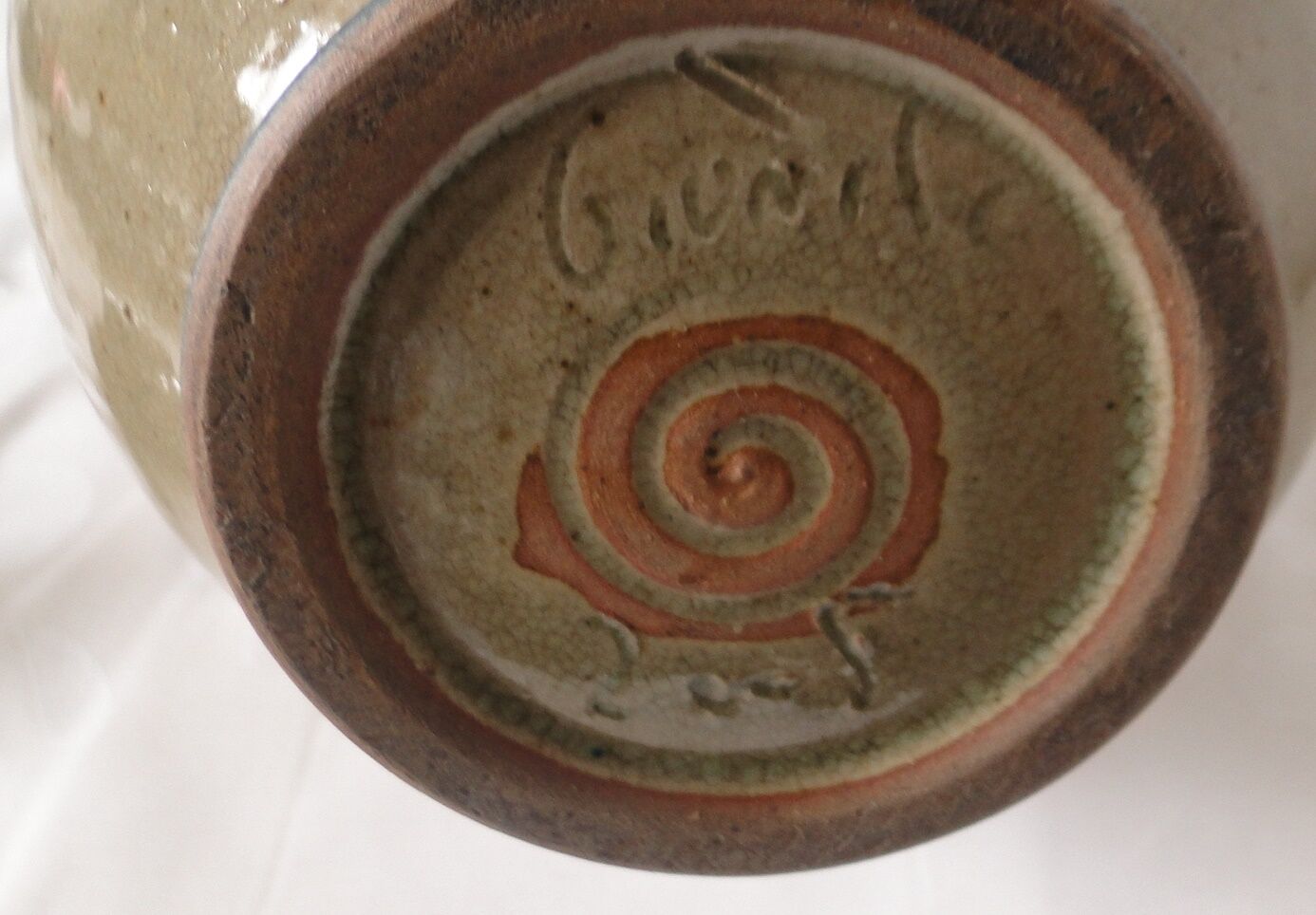 Old belly vinegar in beige and blue enamelled gres