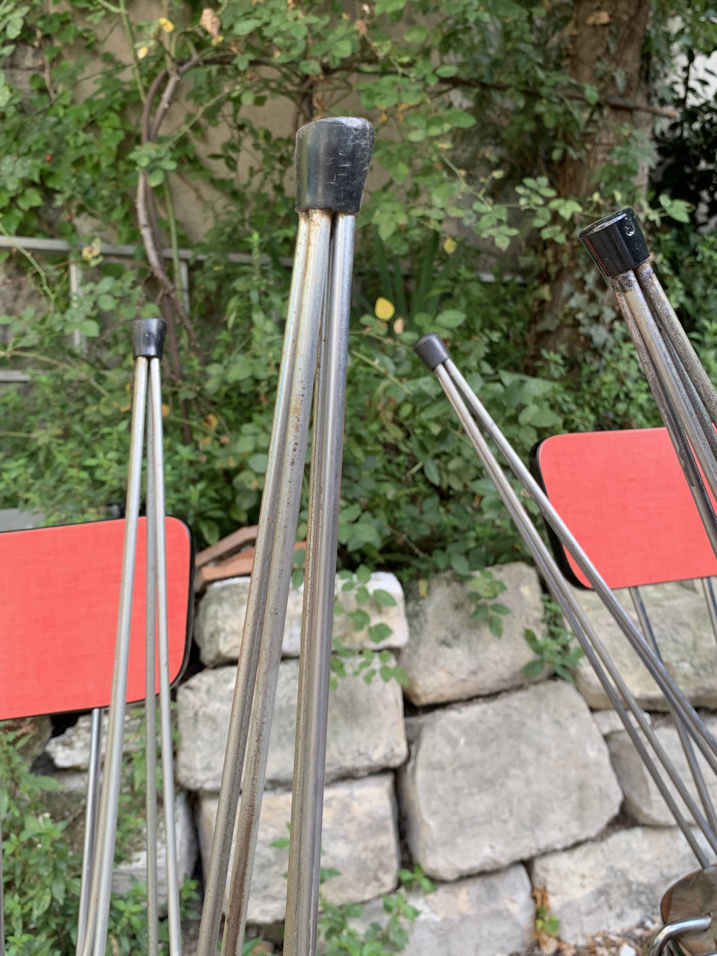 4 red Formica chairs with Eiffel legs, 1950s