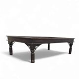 French brutalist coffee table, forged wrought iron, shepherd with dog and his herd, 1970s, transparent glass top