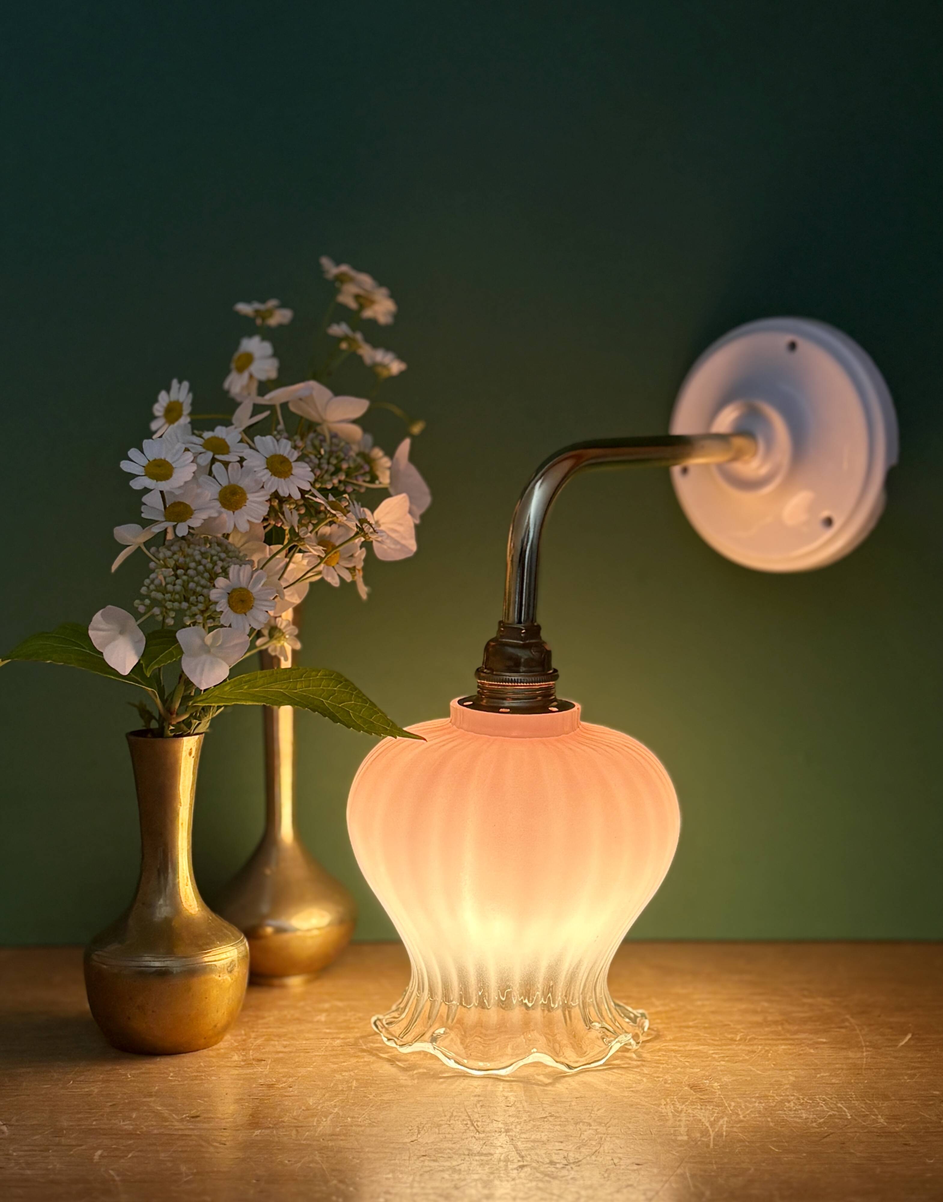 Vintage pink and clear glass elbow wall light.