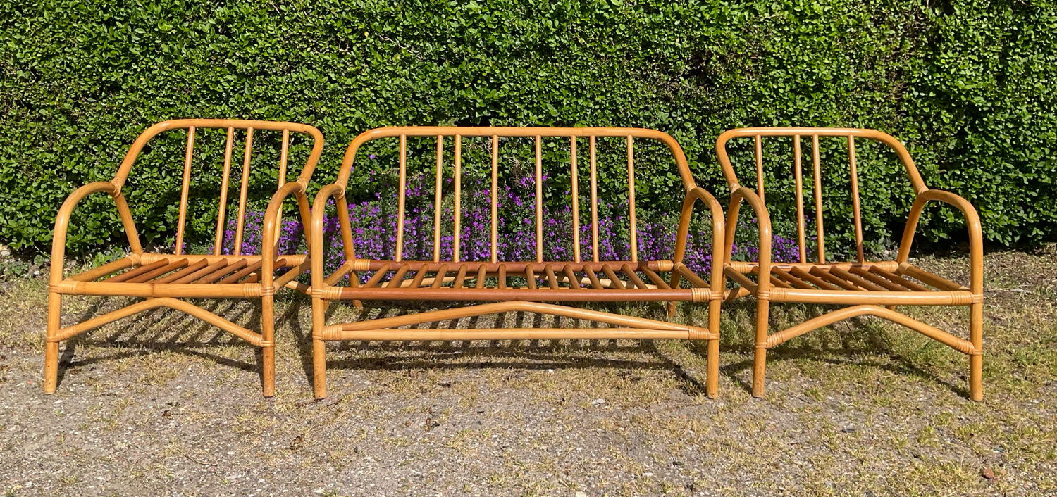Vintage living room sofa and 2 rattan armchairs.