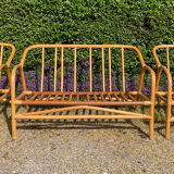 Vintage living room sofa and 2 rattan armchairs.