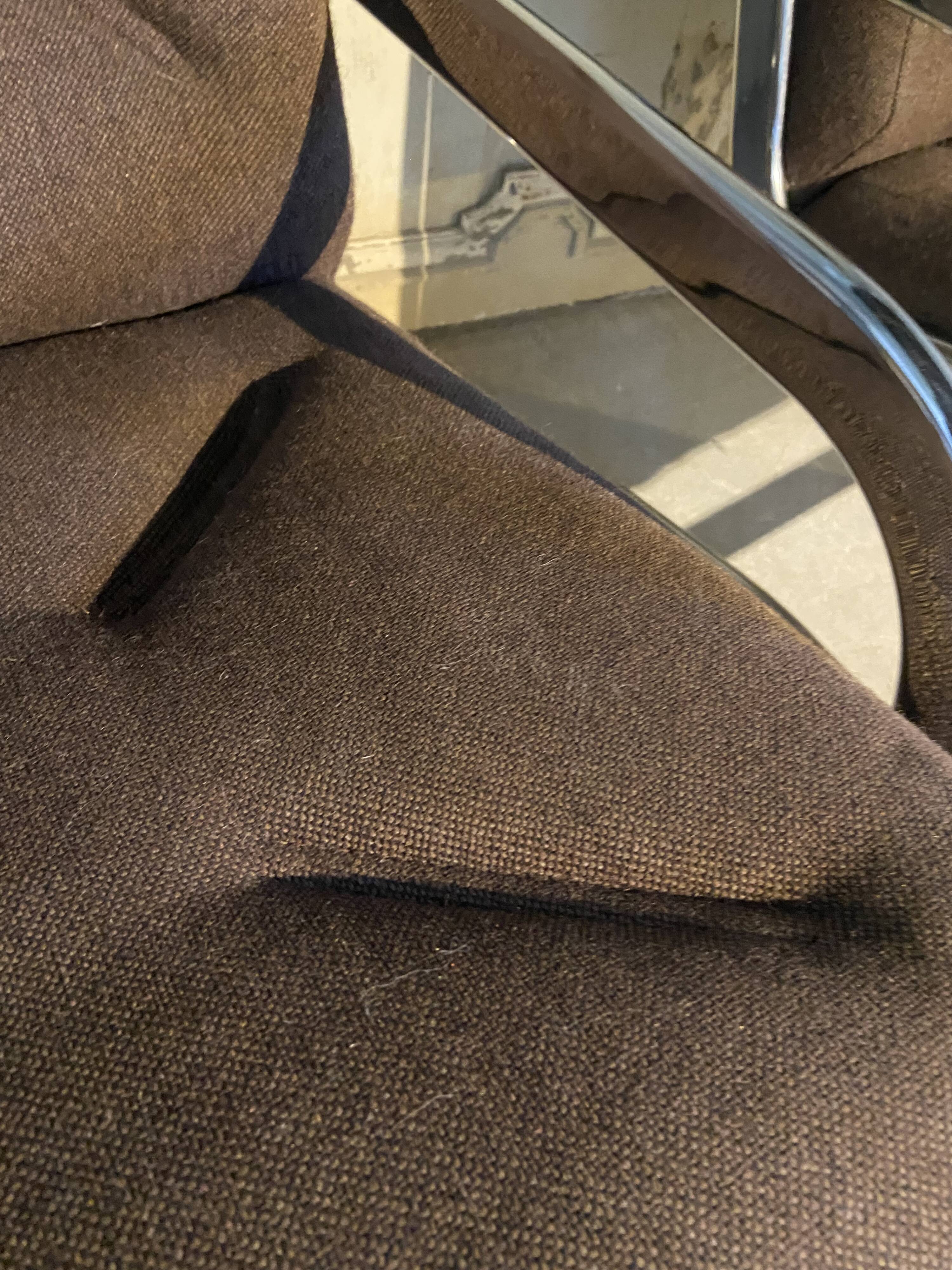 Pair of 70s designer armchairs/chairs in chrome and brown fabric