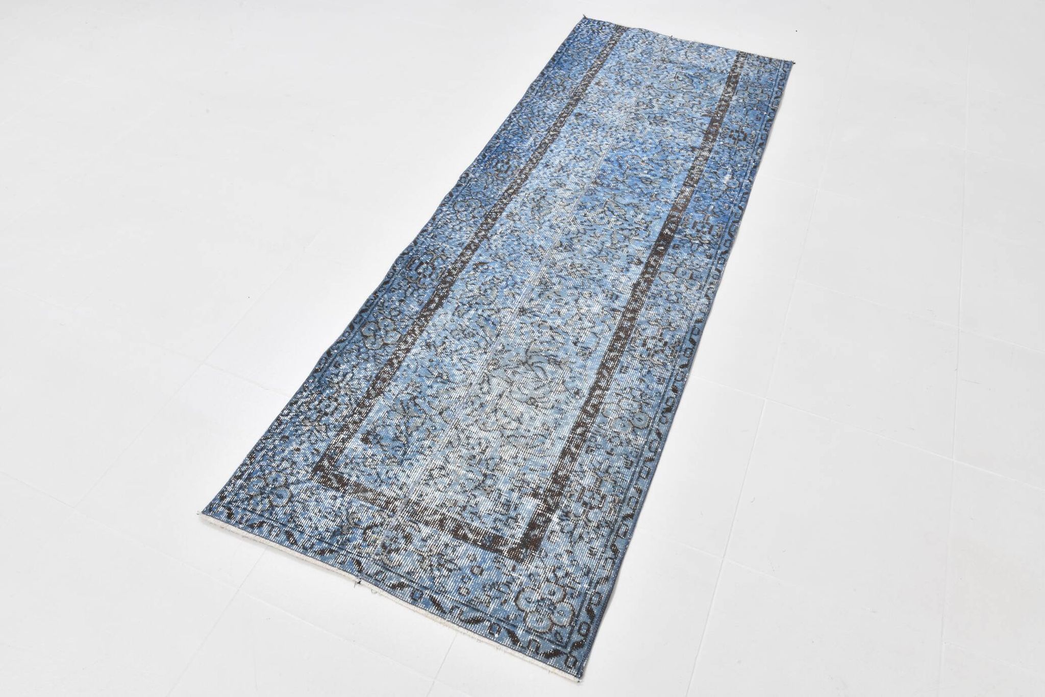 3x7 Blue Vintage Runner Rug, Handmade Wool Rug, Turkish Runner, 78x218Cm
