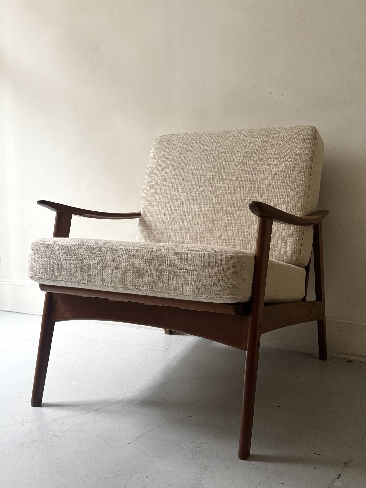 Scandinavian armchair in wood, Pierre Frey fabric, refurbished, Denmark 1950.