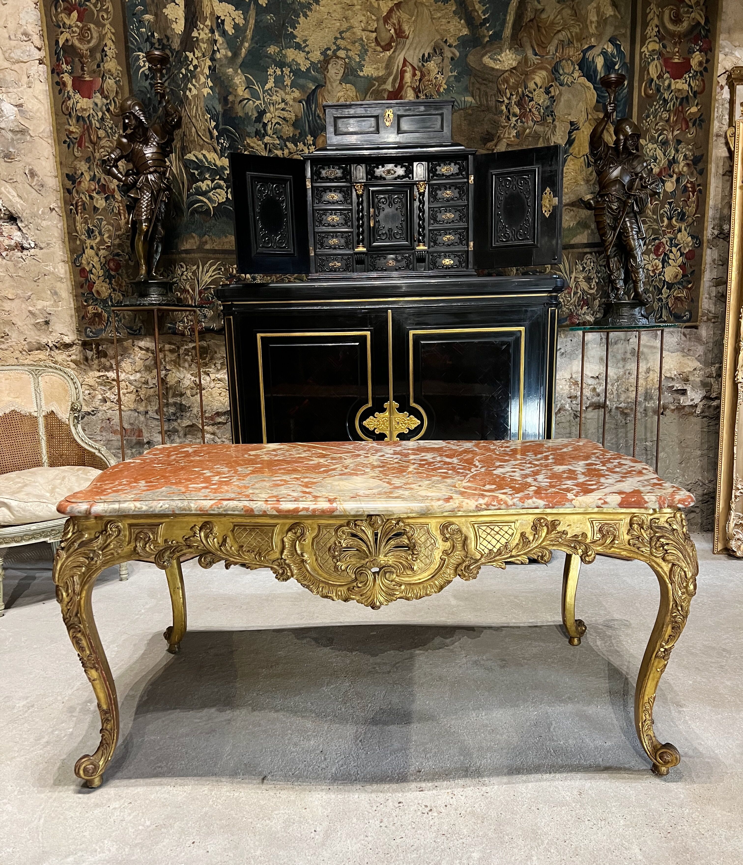 Middle table in gilded wood from the napoleon iii period red marble top