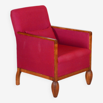 Restored Art Deco Red Armchair, Beech, Original Upholstery, France, 1930s