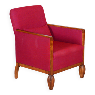 Fauteuil rouge Art Déco restauré, hêtre, revêtement original, France, années 1930