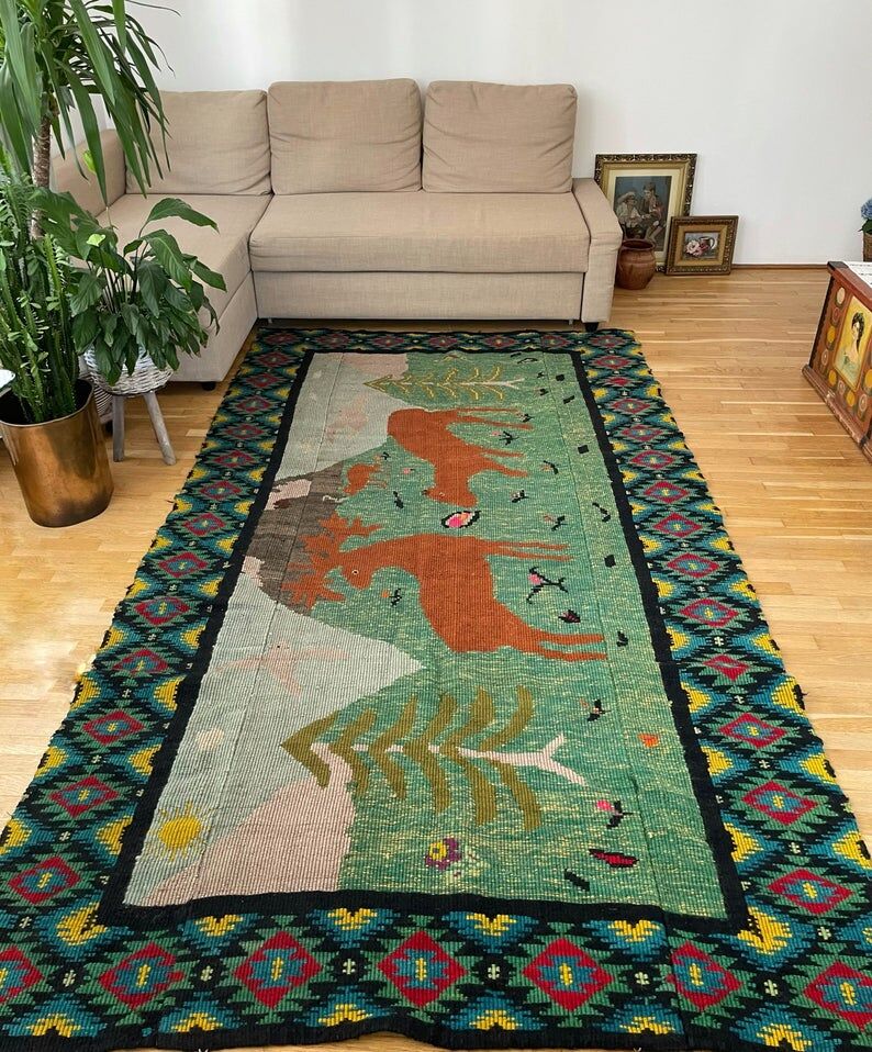 Romanian vintage rug with deers, nature scenery
