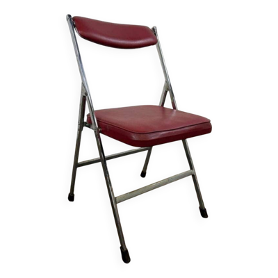 Chaise pliante vintage en skaï rouge avec cadre chromé