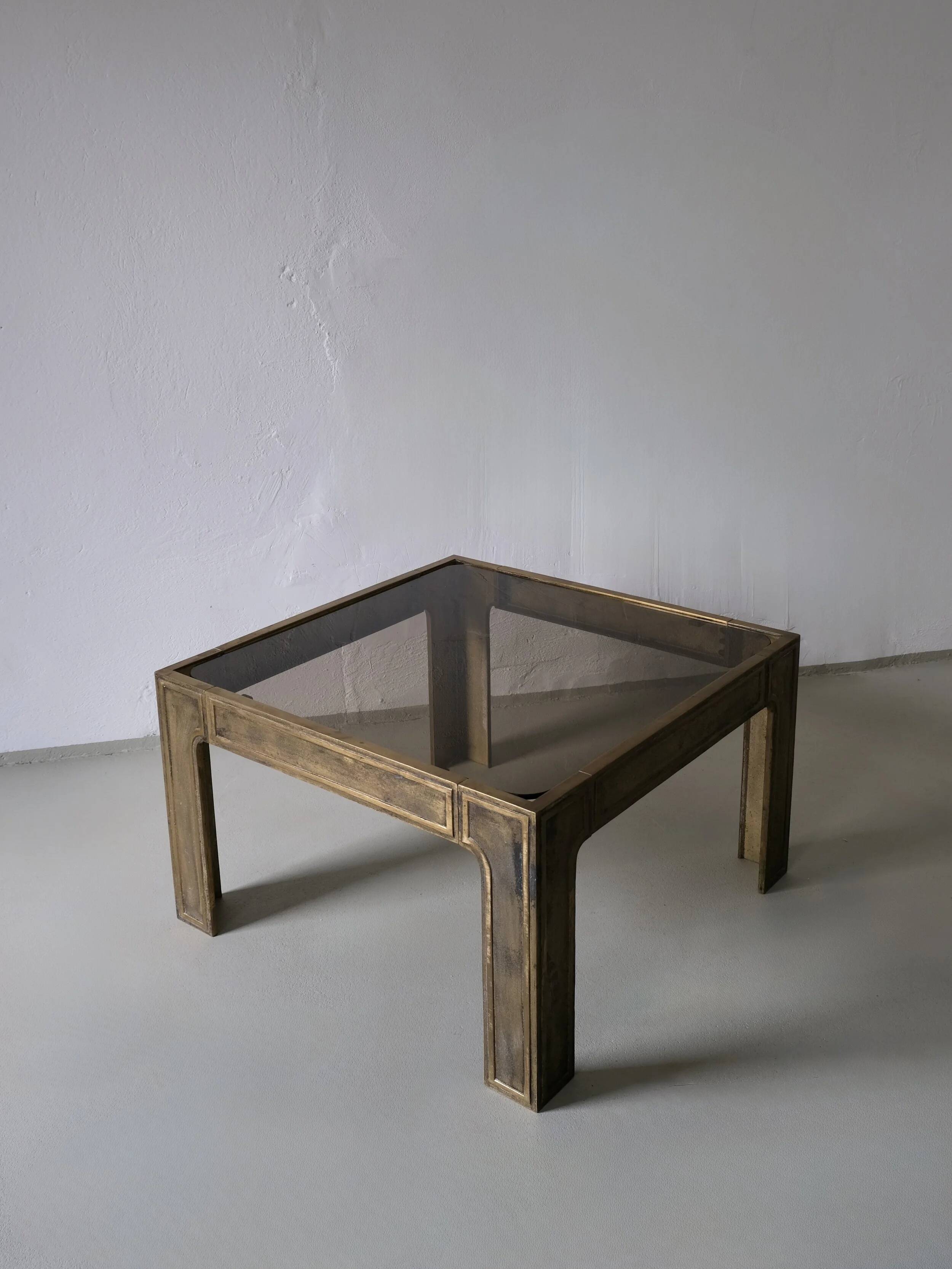 Brutalist bronze and glass square coffee table | 1970s