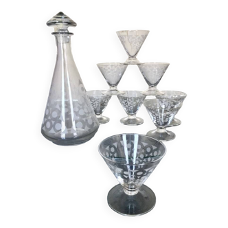 Art deco glasses and bottle - digestive liqueur bar service - frosted glass