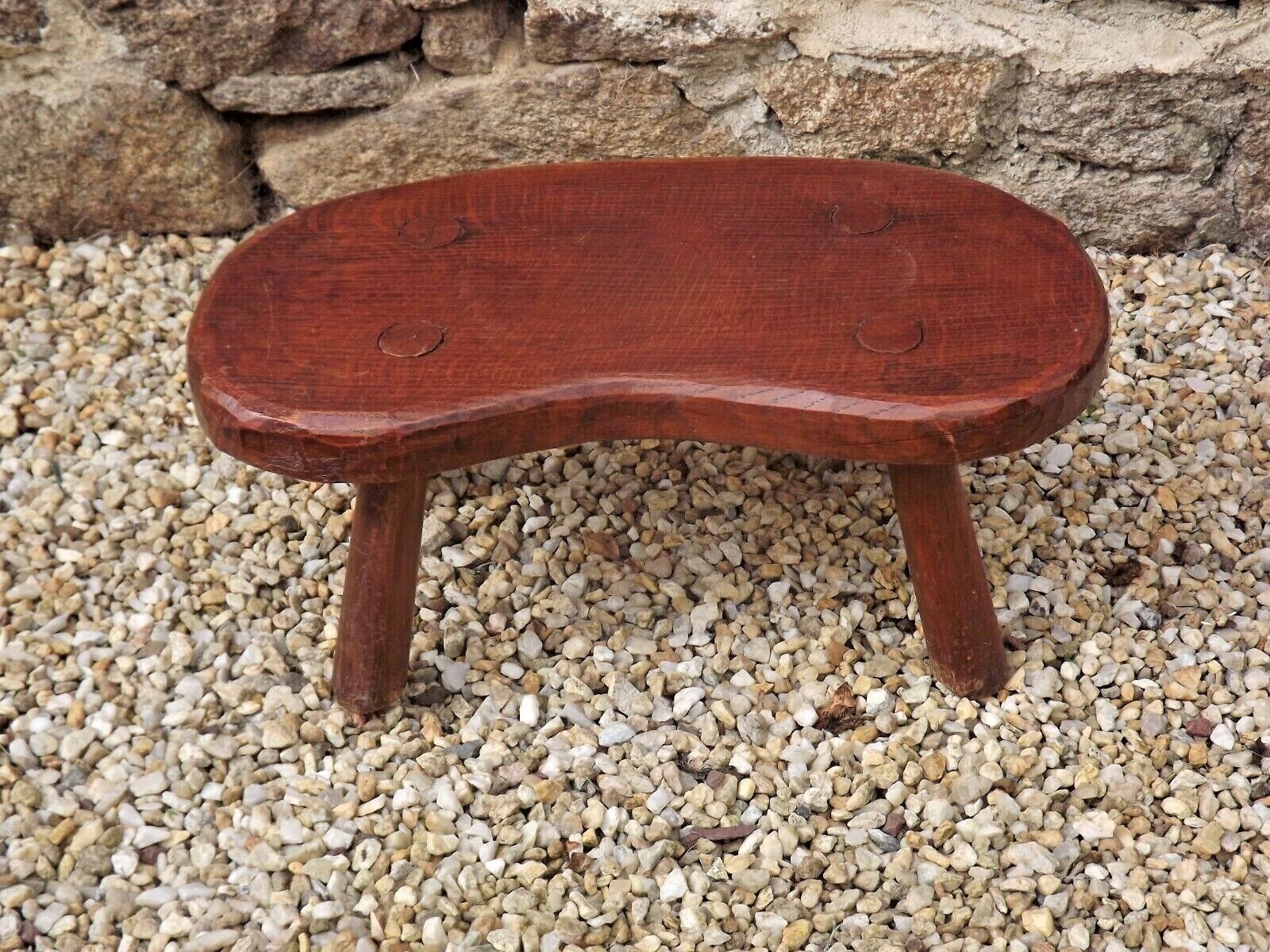 Vintage french hand turned solid oak 4 legged kidney shaped childs stool 3772