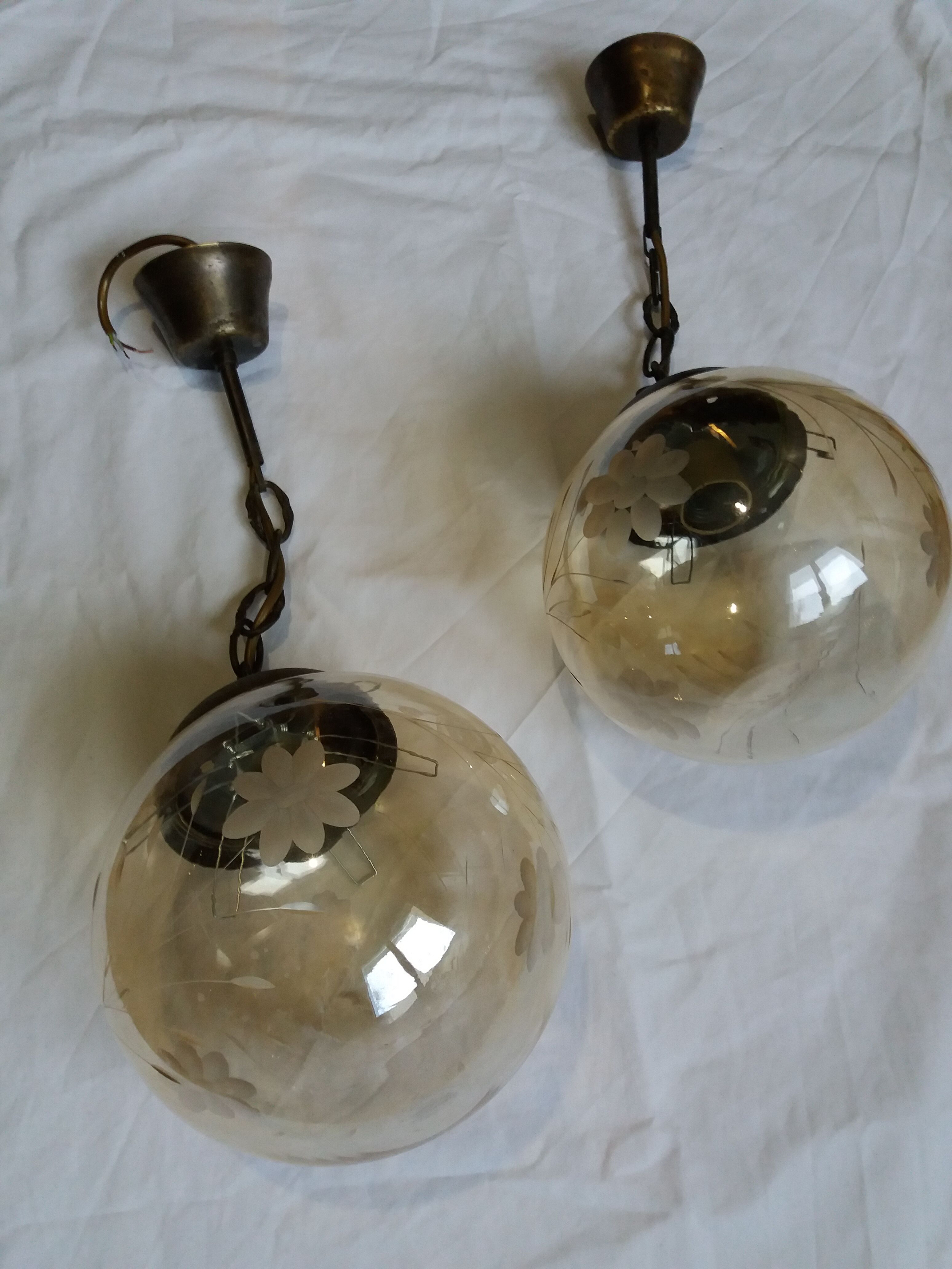 2 amber chiseled blown glass globe ball pendants