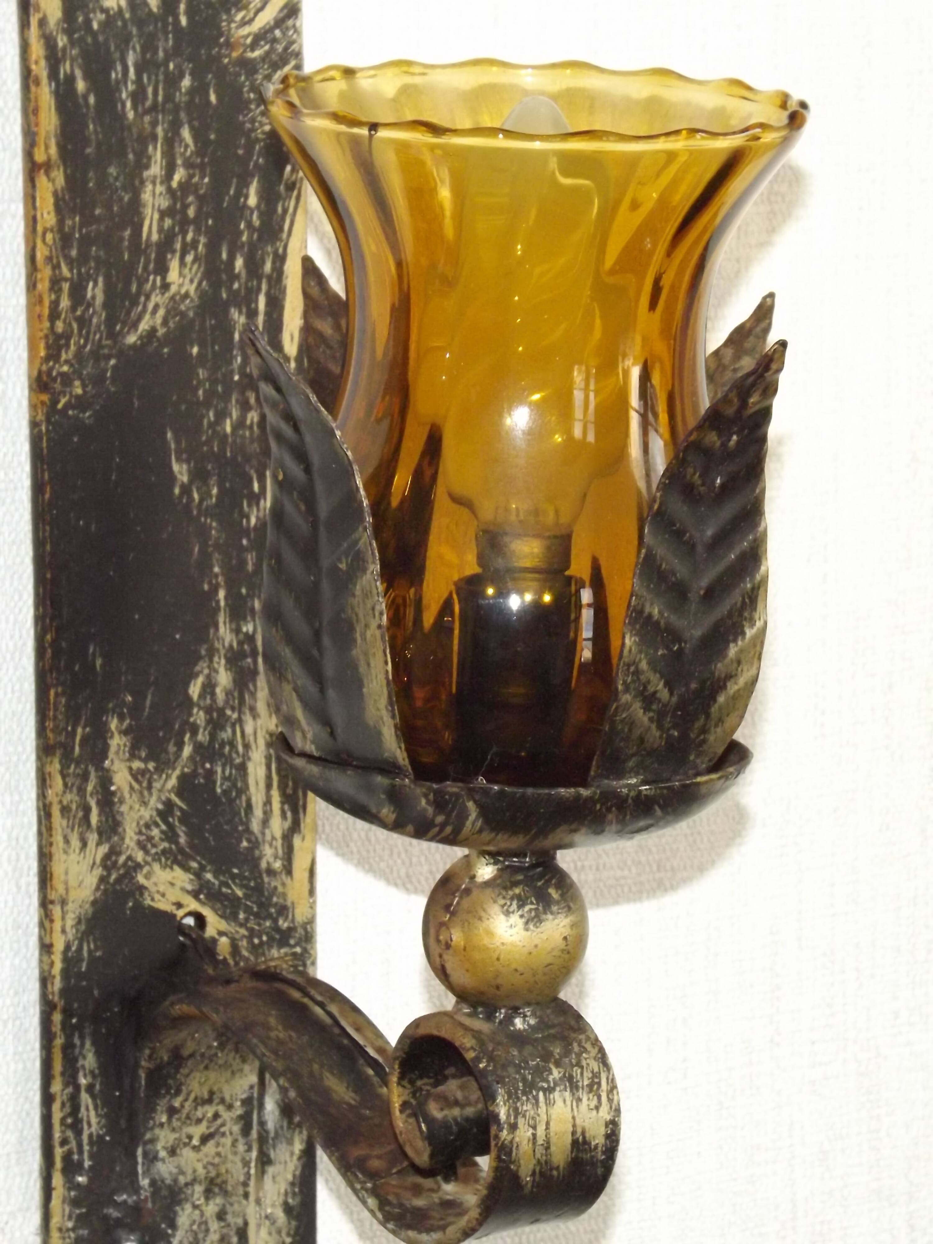 Pair Hand Forged Wrought Iron Medieval Style Wall Lights Amber Glass Shades