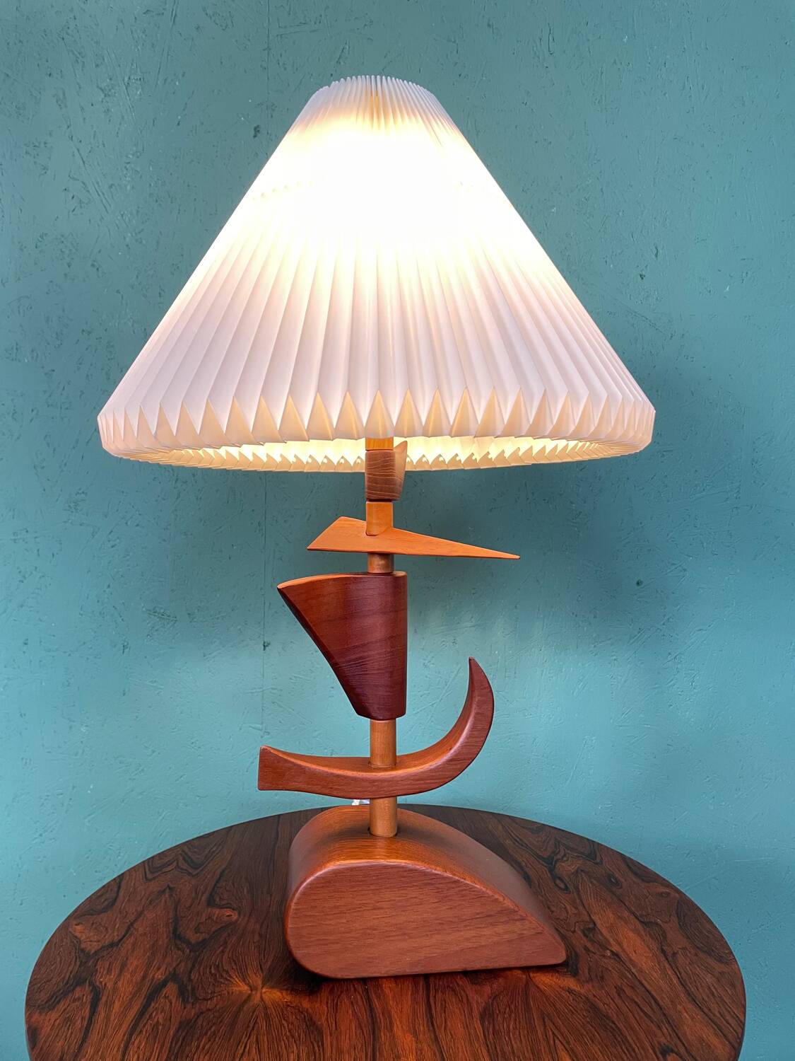 Vintage mid-century modern Danish sculptural teak table lamp