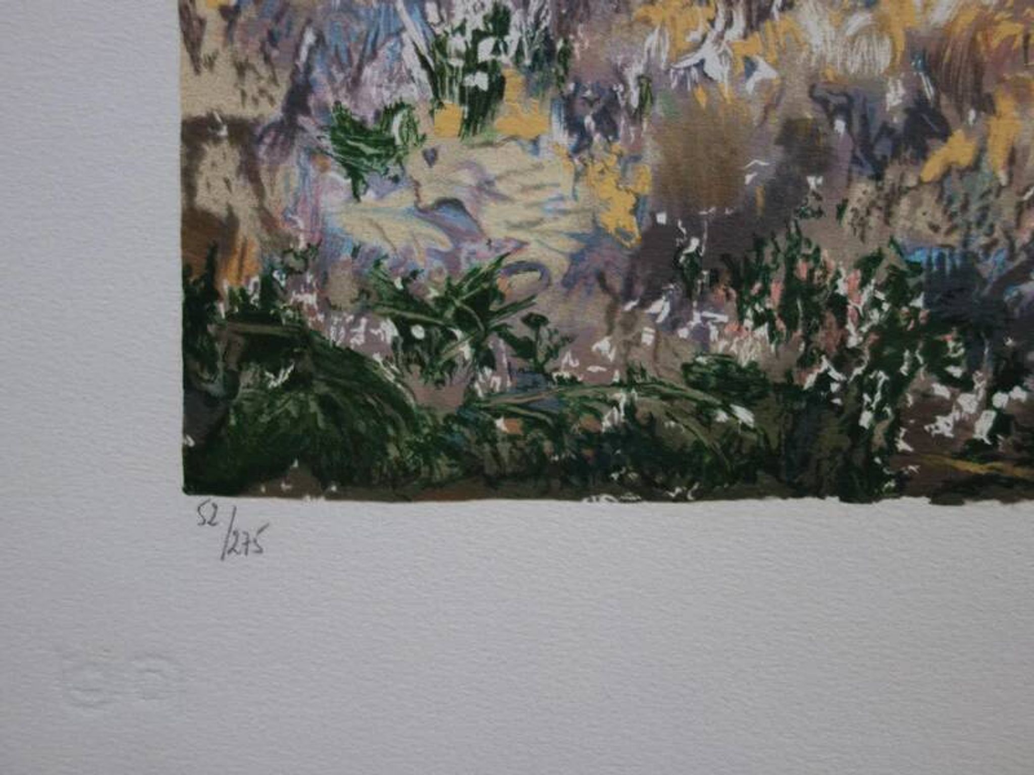 Yvonne Cheffer Delouis: Pink irises by the lake, original signed lithograph.