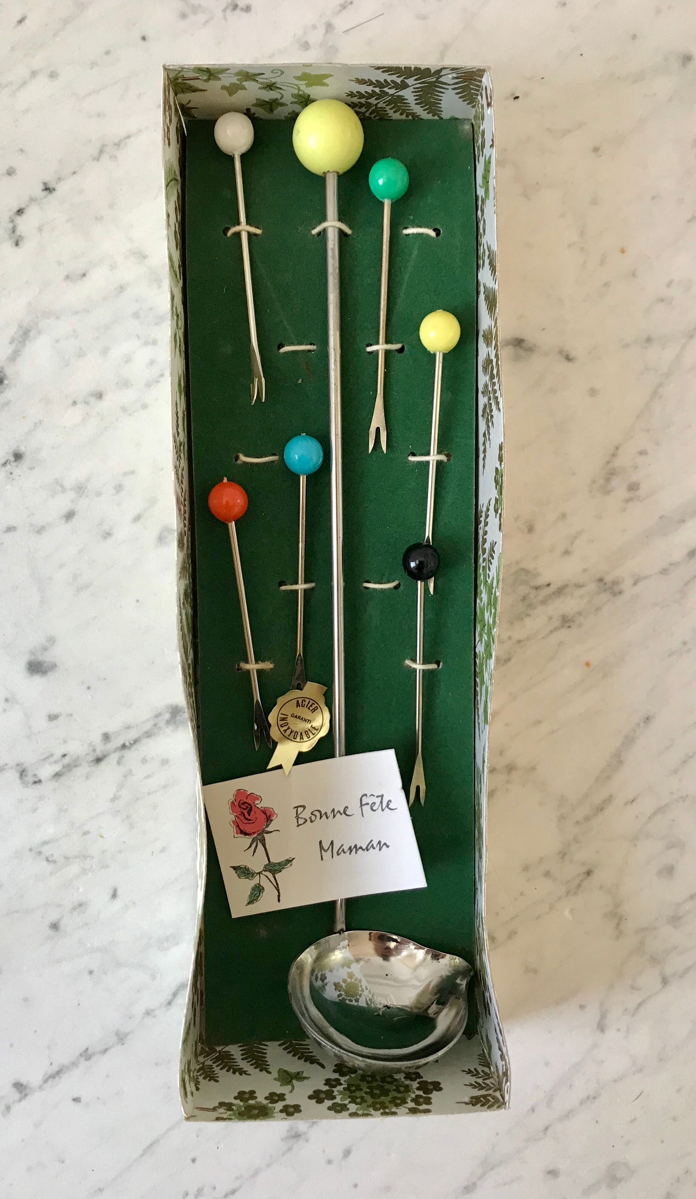 Set of seafood cutlery (ladle and 6 peaks) colorful 60s