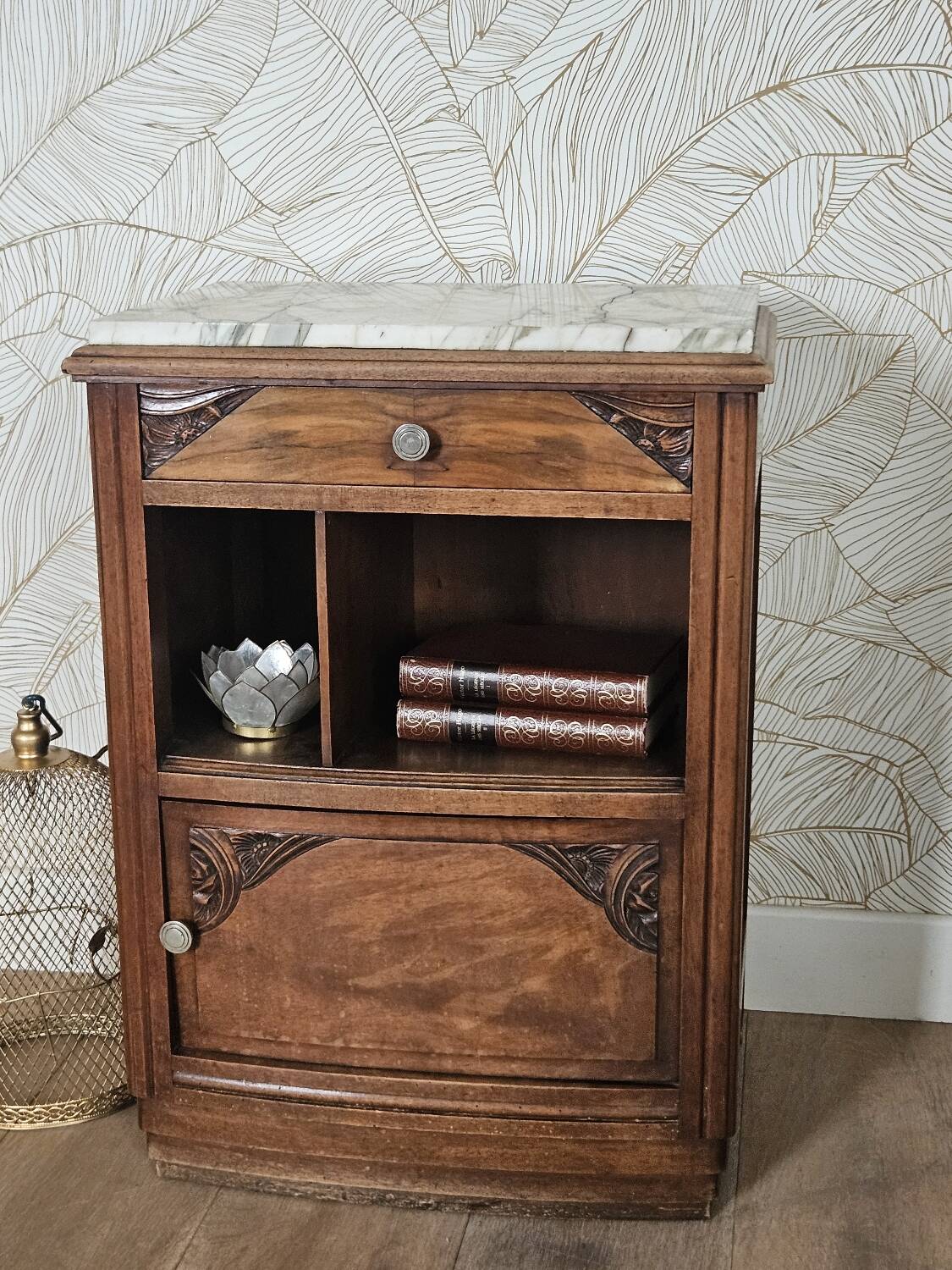 Art Deco bedside table in walnut and marble