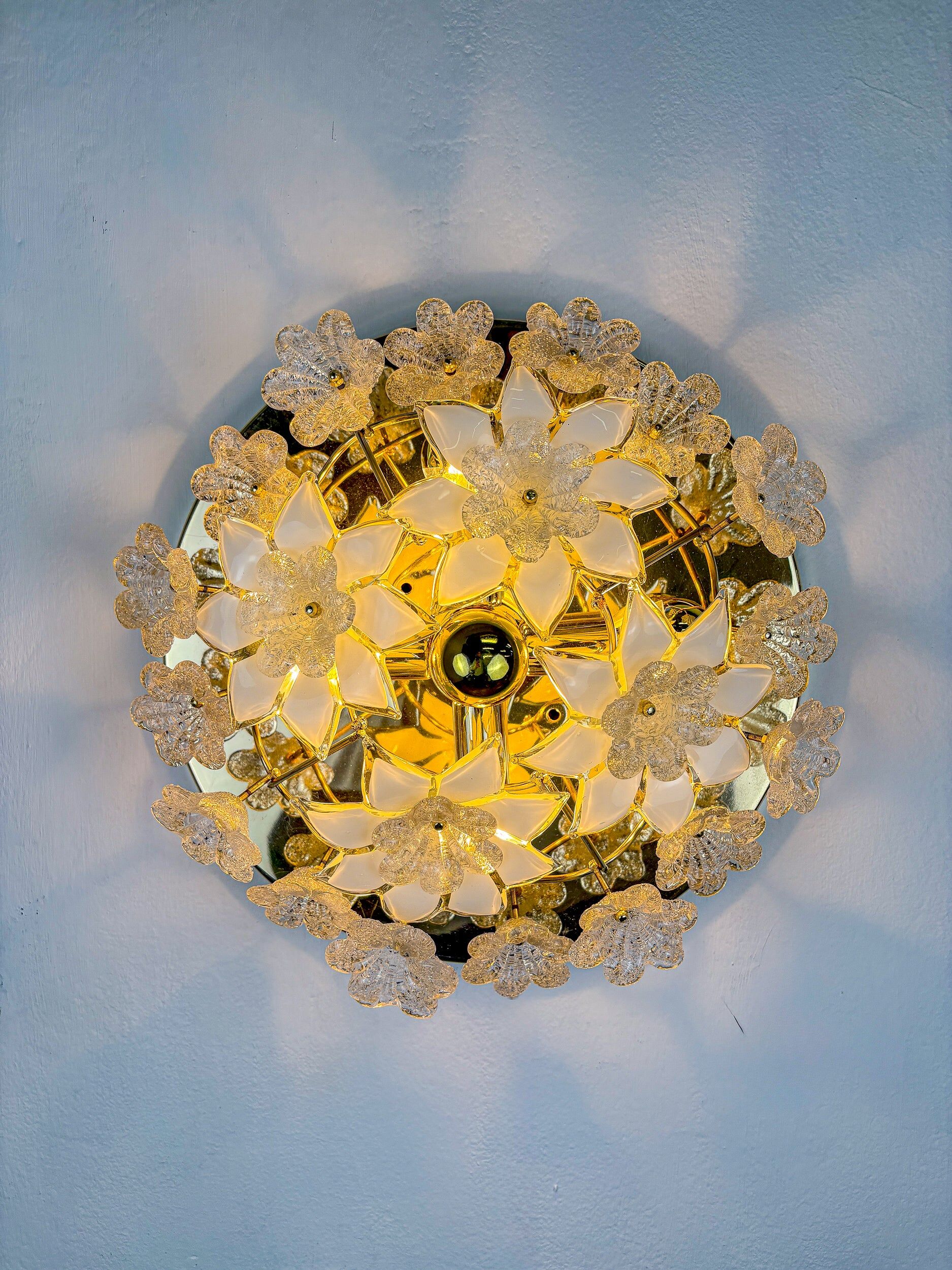 Large Italian Murano glass white frosted flowers ceiling flush mount, 1970s