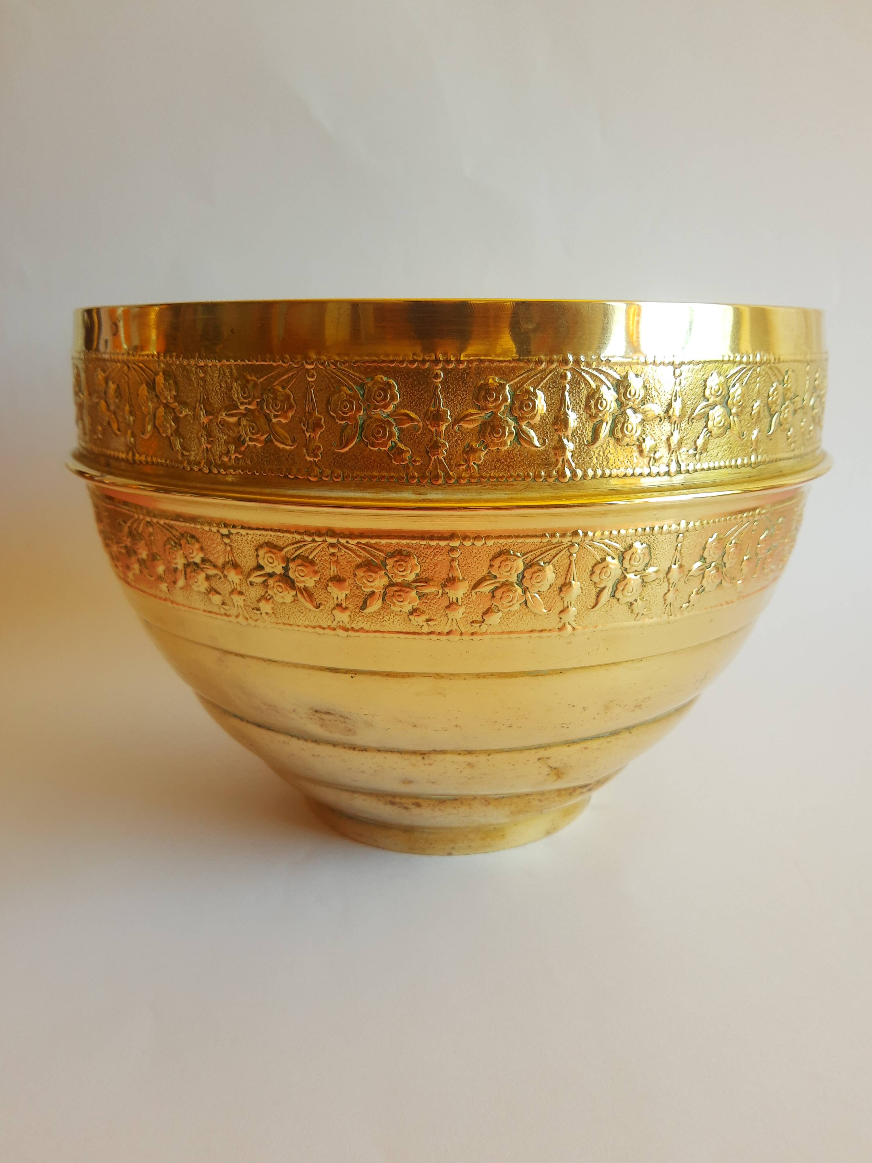 Old vintage brass floral frieze pot cover