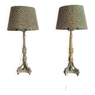 Pair of gilded wooden candlesticks. 19th century.