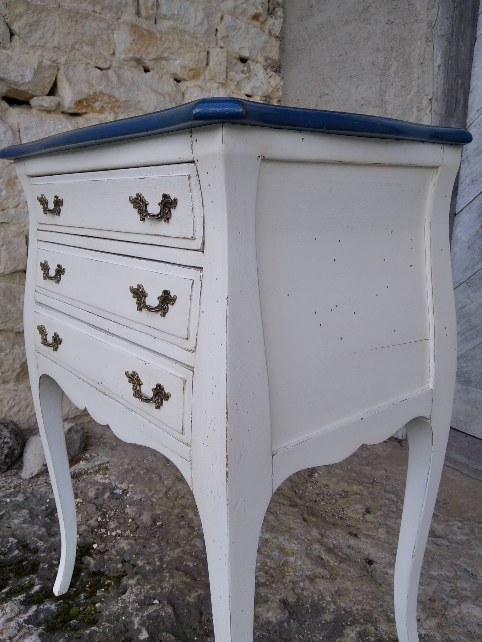 Louis XV three-drawer chest of drawers with white and blue patina