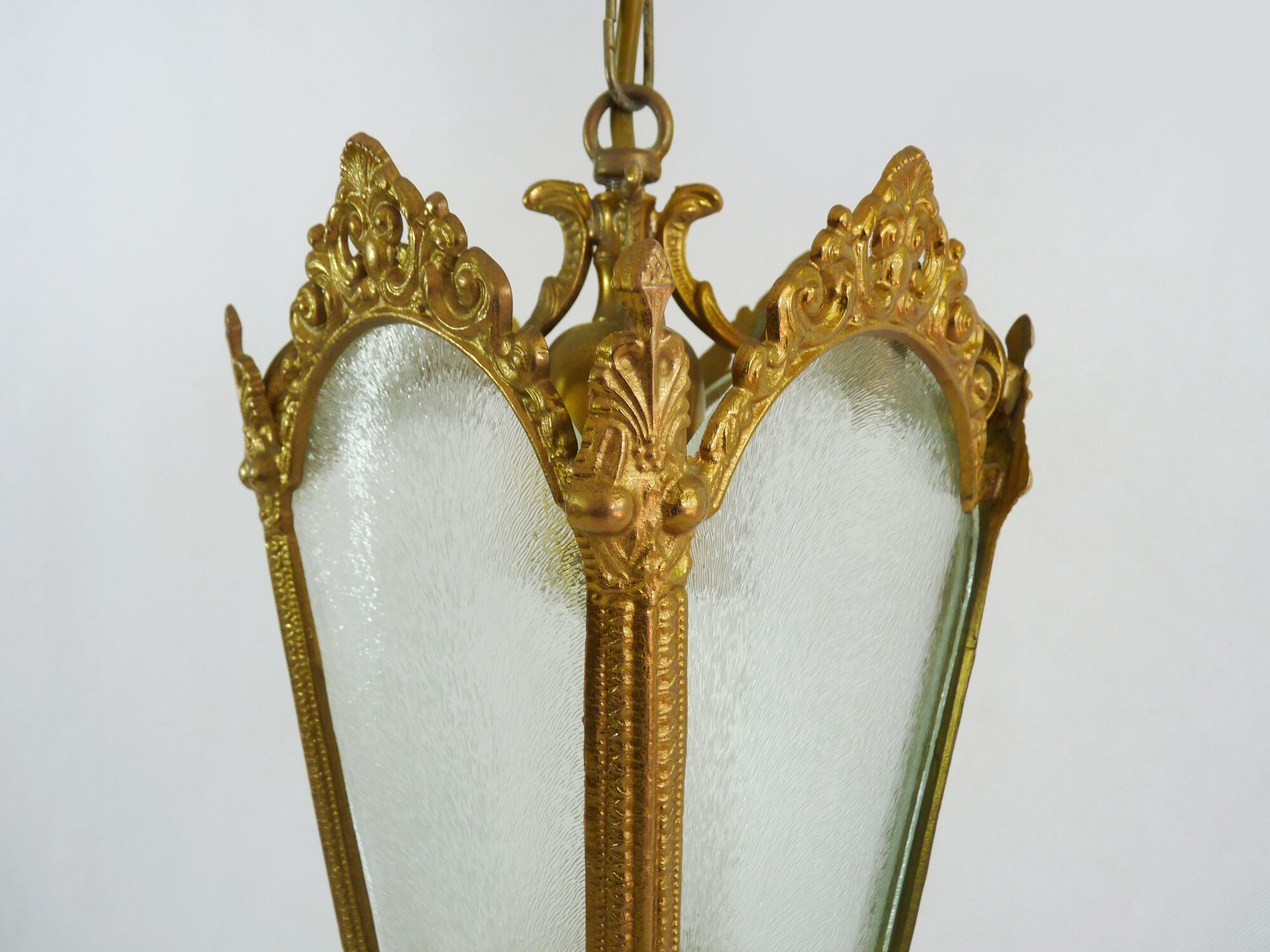 Old lantern with 4 faces in glass, chandelier in gilded bronze and glass, year 60
