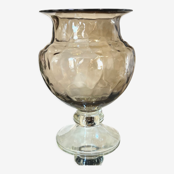 Handblown large bowl vase, pale brown glass on clear feet mcm bowl vase