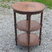 Vintage oak pedestal table with 3 shelves from the 60s