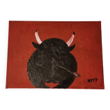 Canvas painting Bull from behind Signed by KMY